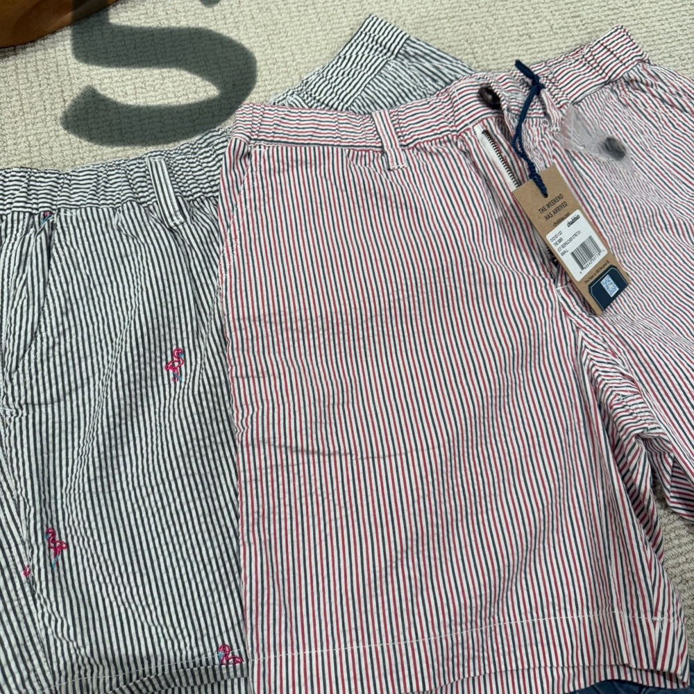 Striped Chubbies Shorts - Two Pair- Red/White/Blue and Navy with Pink Flamingos